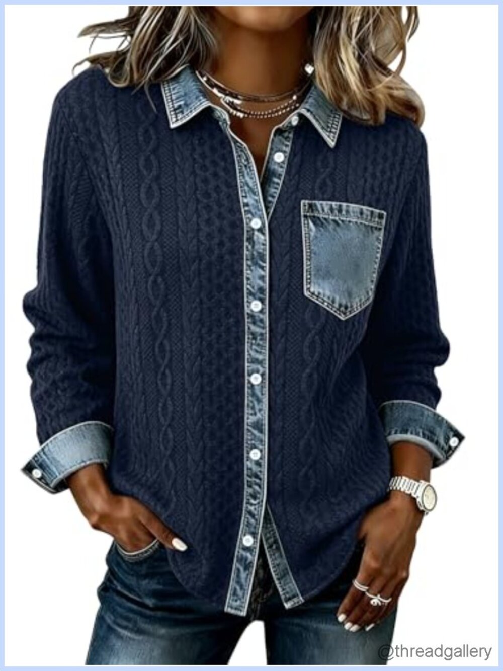 SAUKOLE Women's Cable Knit Denim Patchwork Shacket Button Casual Jacket